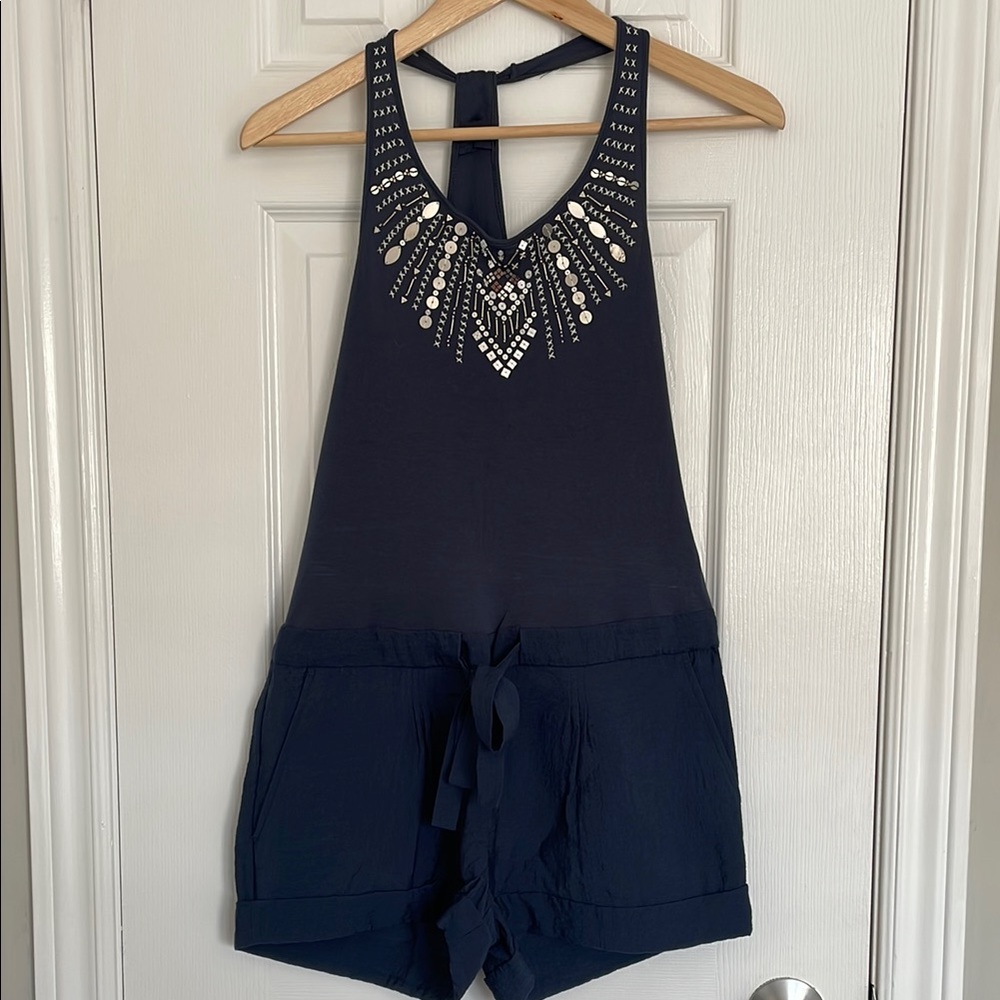 BCBGMaxAzria Navy Embellished Romper shorts